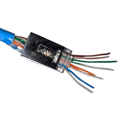 A close-up of a blue Ethernet cable with a RJ45 connector showing the internal twisted pairs of orange, green, white, and blue wires.