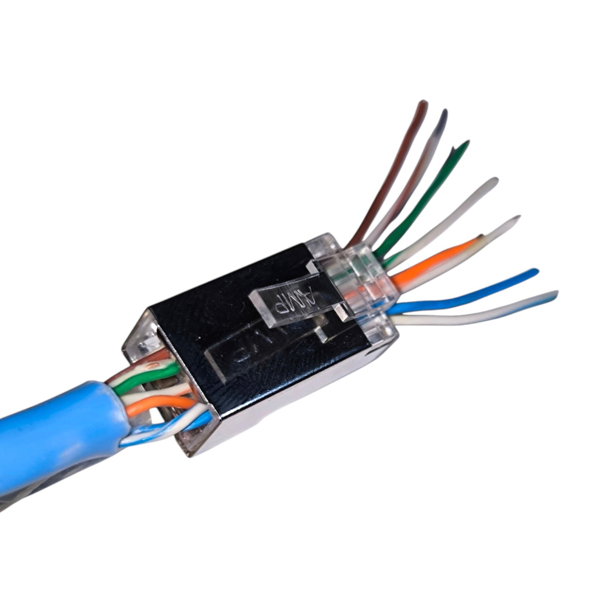 RJ45 Ethernet connector with a blue Ethernet cable, showing eight colored wire strands (orange, green, white, brown, blue, gray, light gray) inside a black and clear plastic modular patch panel.