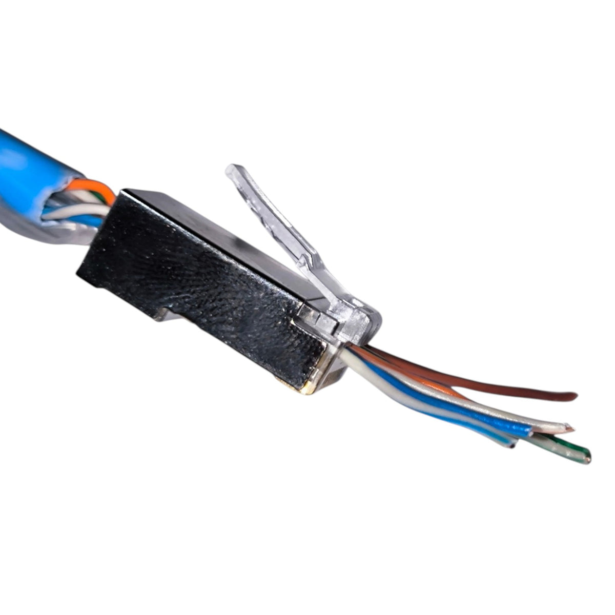 A close-up of a RJ45 Ethernet connector showing the internal wiring with blue, orange, brown, white, and green wires exposed, set against a plain white background.