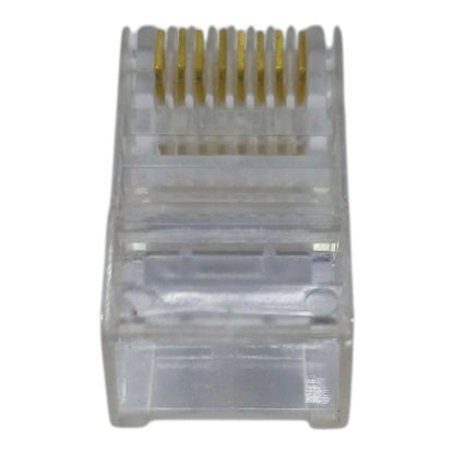A single RJ45 Ethernet connector with gold-plated pins visible inside a clear plastic housing, isolated on a white background.