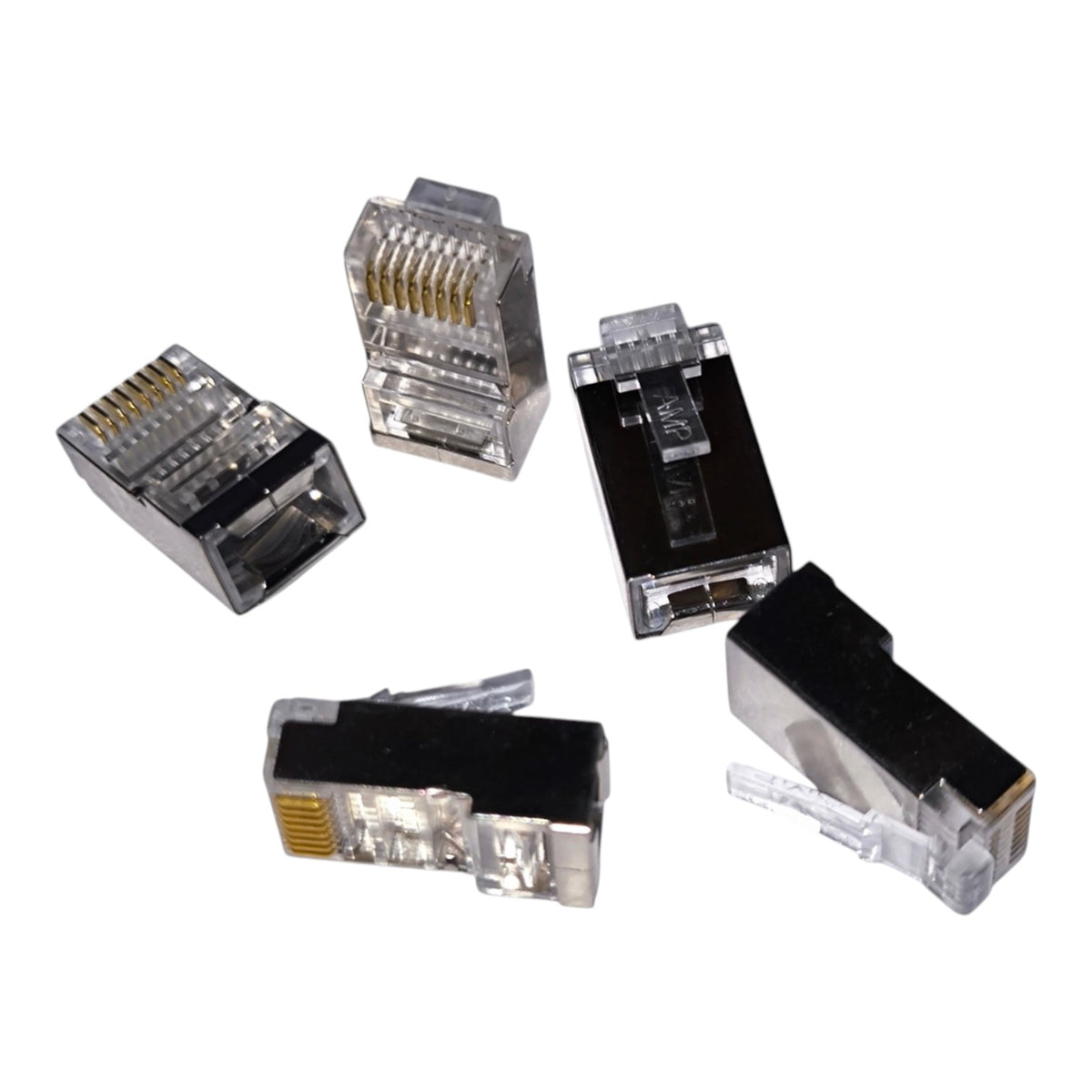 Five RJ45 Ethernet network connectors shown from different angles on a plain white background.