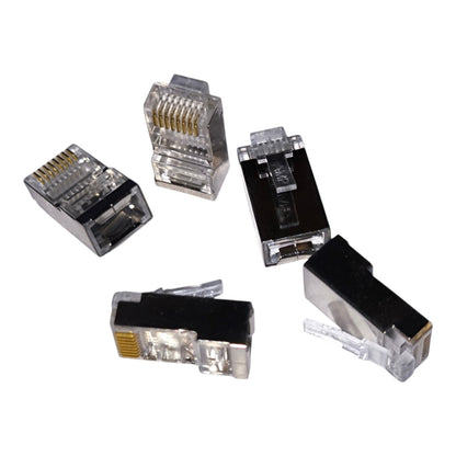 Five RJ45 Ethernet network connectors shown from different angles on a plain white background.