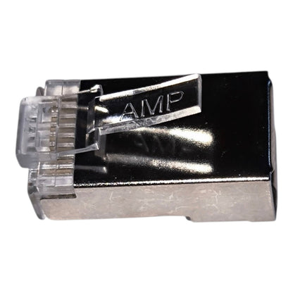A single RJ45 Ethernet connector with a black plastic frame, silver metal contacts, and a clear plastic locking tab stamped with the letters 'AMP'.
