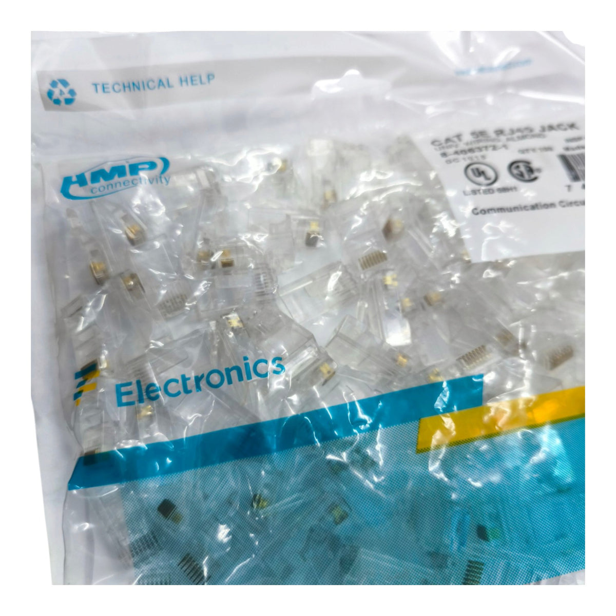 A clear plastic bag filled with small transparent RJ45 connector plugs, labeled HMP Connectivity and Electronics, on a white background.