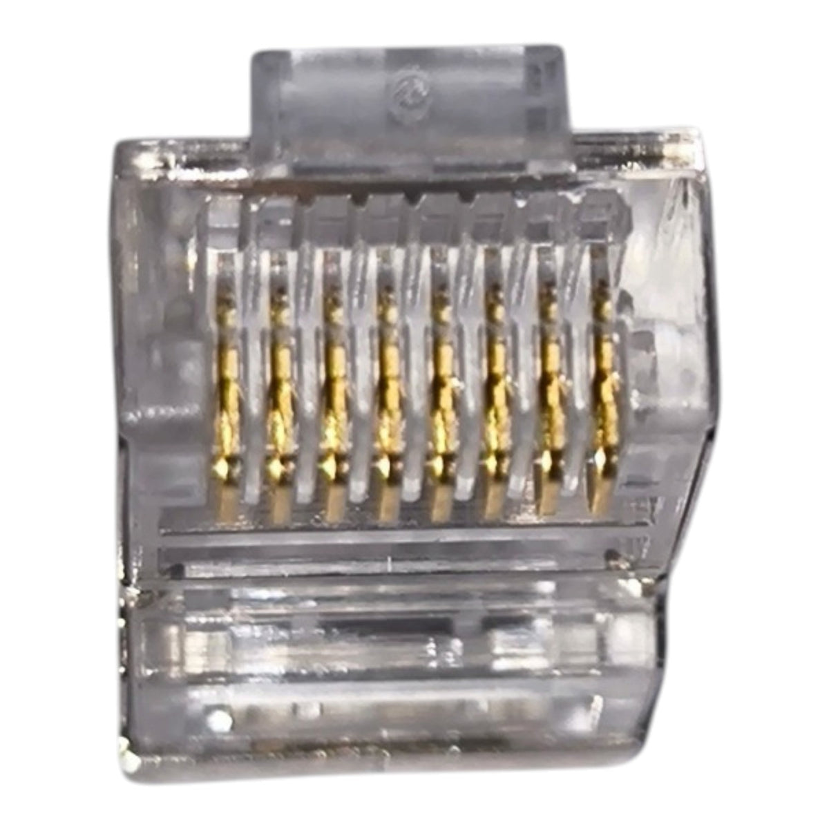 A 8-pin RJ45 Ethernet connector with gold-plated pins inside a clear plastic housing, isolated on a white background.