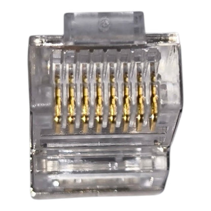 A 8-pin RJ45 Ethernet connector with gold-plated pins inside a clear plastic housing, isolated on a white background.