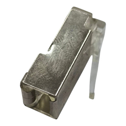 A small rectangular metal electrical connector or terminal block with a transparent plastic tab, shown on a plain white background.