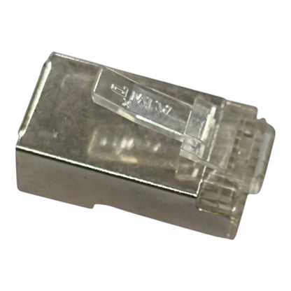 A single RJ45 Ethernet connector with a clear plastic protective cover and silver metal contacts, shown on a plain white background.