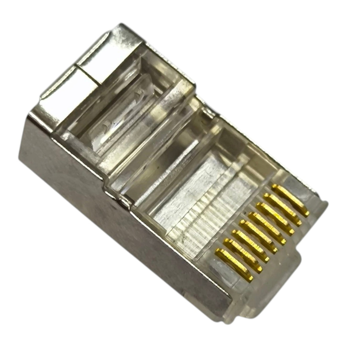 A single RJ45 Ethernet network connector with gold-plated pins visible inside a clear plastic housing, isolated on a white background.