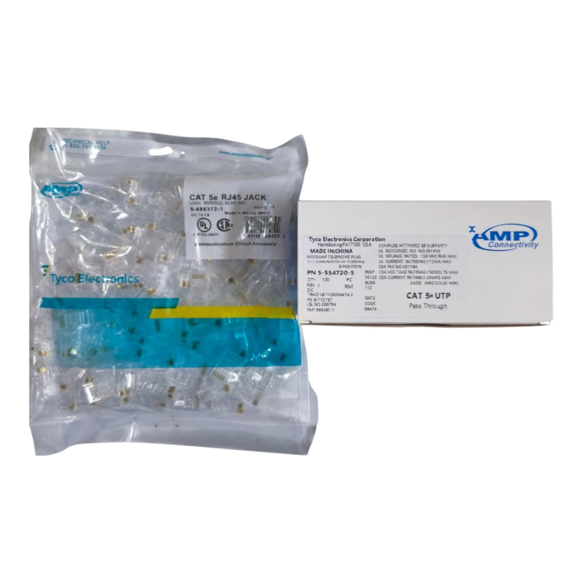Tyco Electronics CAT 5J RJ45 Jack connector kit, showing a sealed clear plastic bag containing multiple small gold-plated connectors next to its white cardboard packaging box with blue 'AMP' branding.