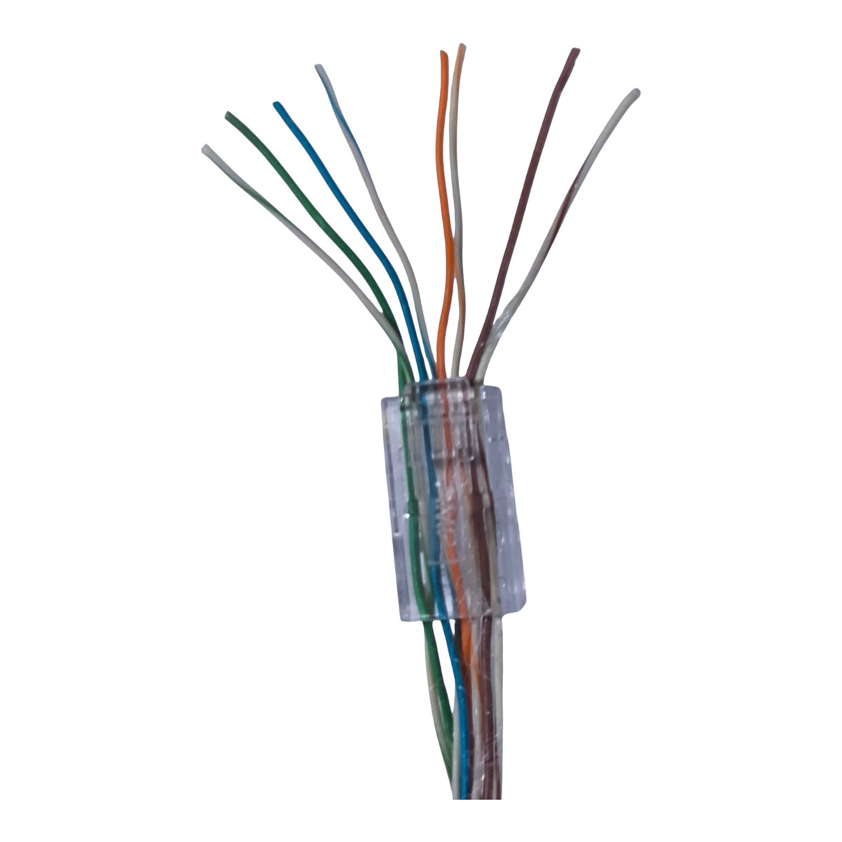 A close-up of a multi-core Ethernet cable with eight colored wires exposed at the end, secured with a clear plastic protective sleeve on a white background.