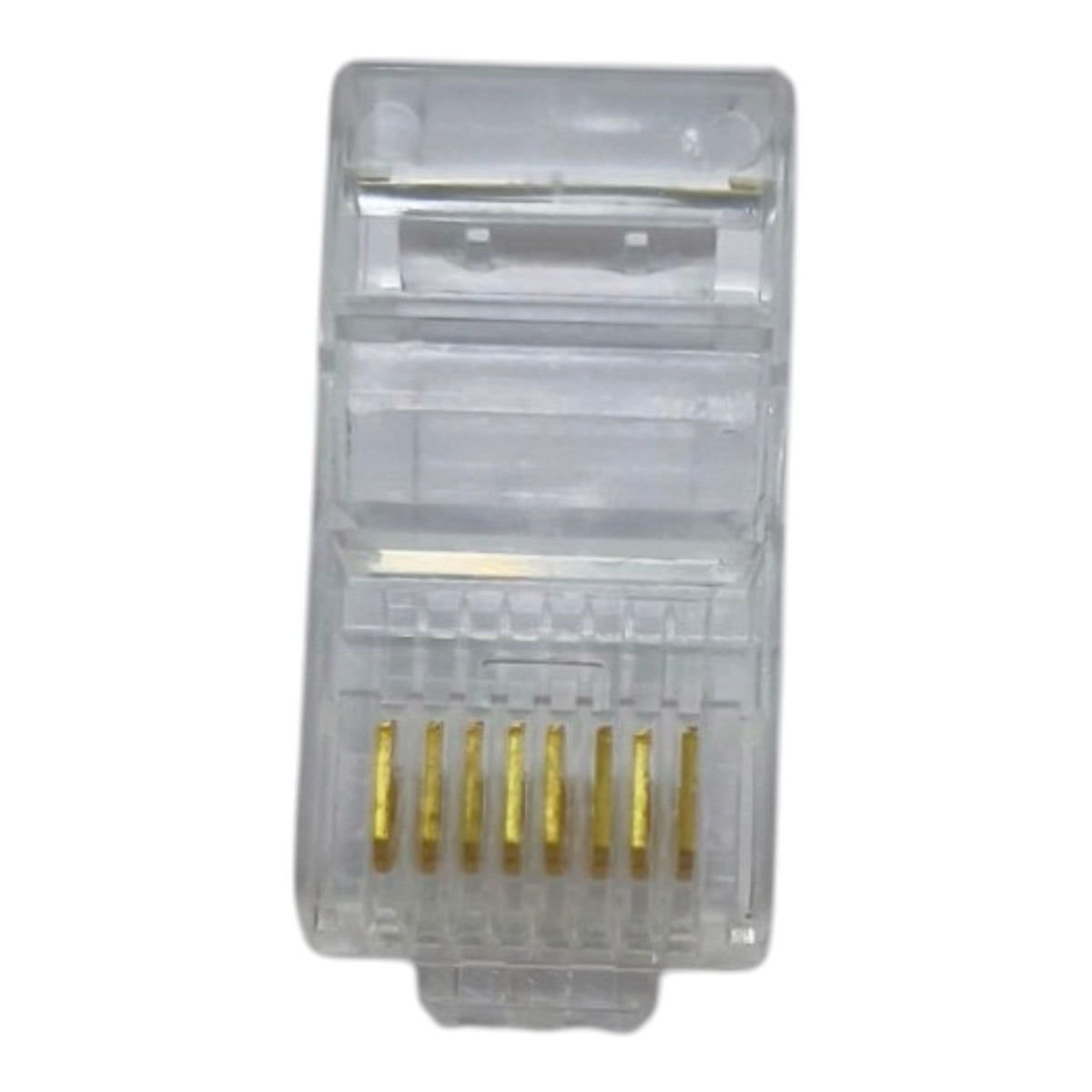 A clear RJ45 Ethernet connector with gold-plated pins visible through the transparent housing, isolated on a white background.