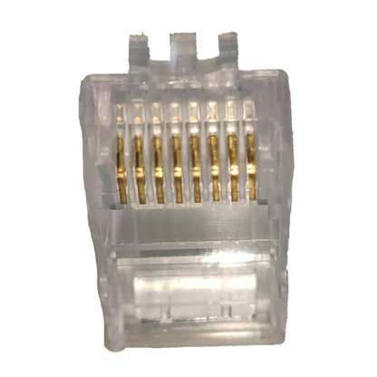 A single RJ45 Ethernet connector with gold-plated pins visible through a clear plastic housing, isolated on a white background.