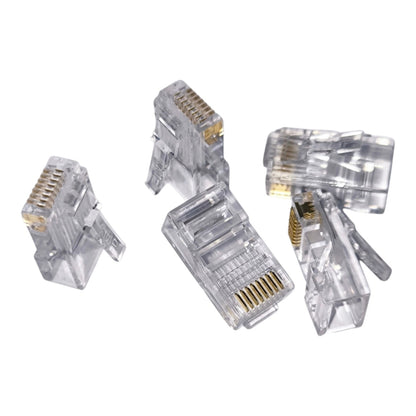Five clear RJ45 Ethernet network connectors with gold-plated pins, arranged on a plain white background.