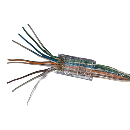 A RJ45 Ethernet cable connector showing multiple colored wire pairs extending from a clear plastic housing on a white background.