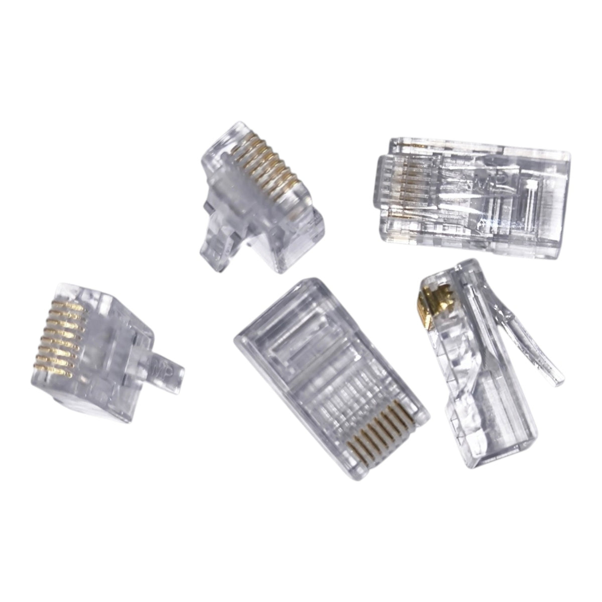 Five clear RJ45 Ethernet connector modules with gold-plated pins, shown from various angles on a white background.