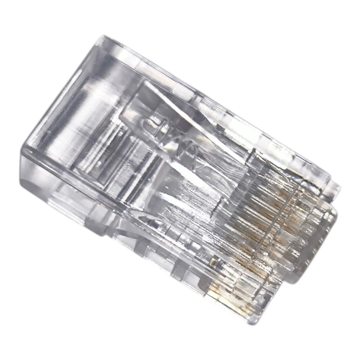 A clear RJ45 Ethernet connector with gold-plated pins, shown at an angle on a white background.