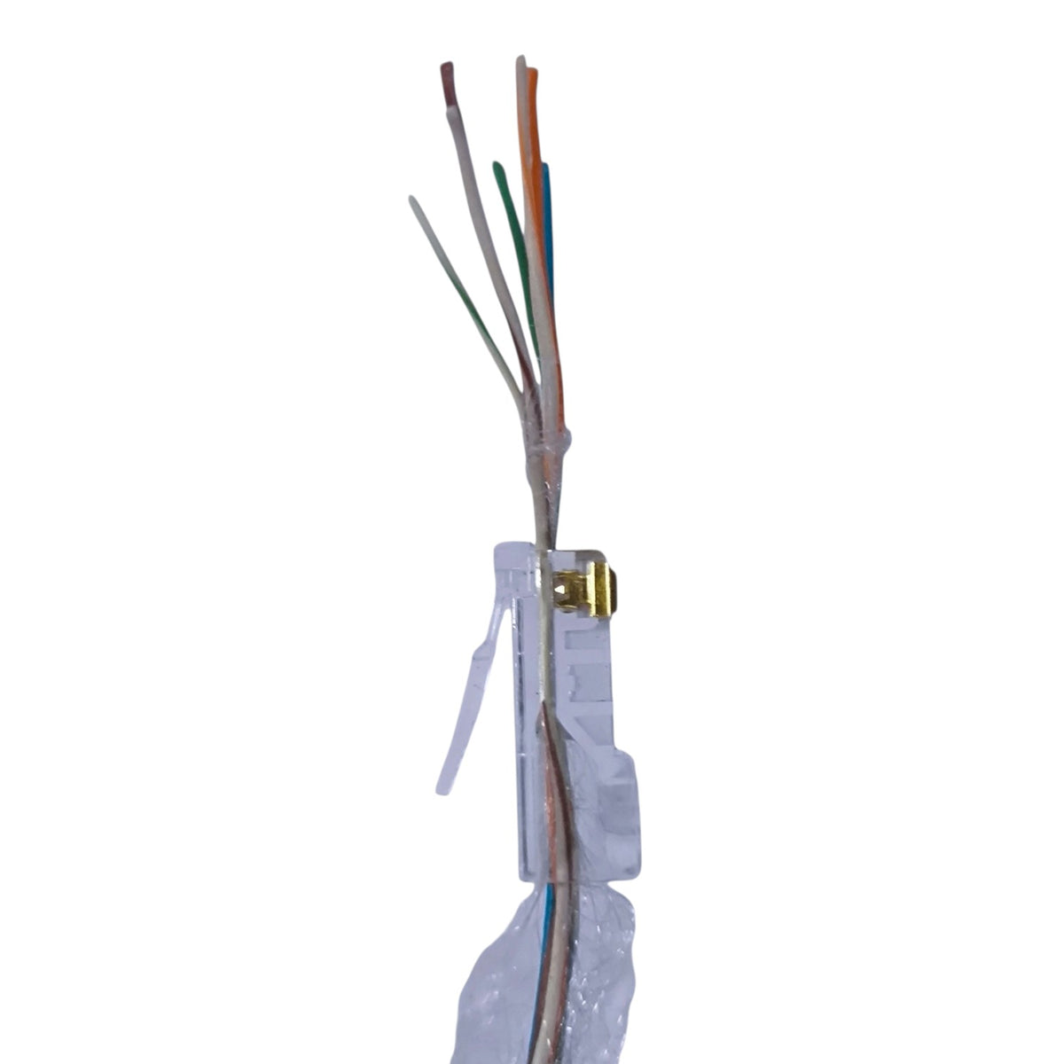 A single RJ45 Ethernet connector with exposed twisted pair cables, showing multiple wire colors including orange, green, white, and brown, secured with clear tape on a white background.