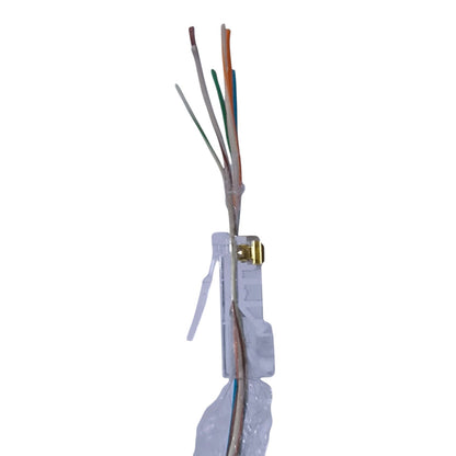 A single RJ45 Ethernet connector with exposed twisted pair cables, showing multiple wire colors including orange, green, white, and brown, secured with clear tape on a white background.