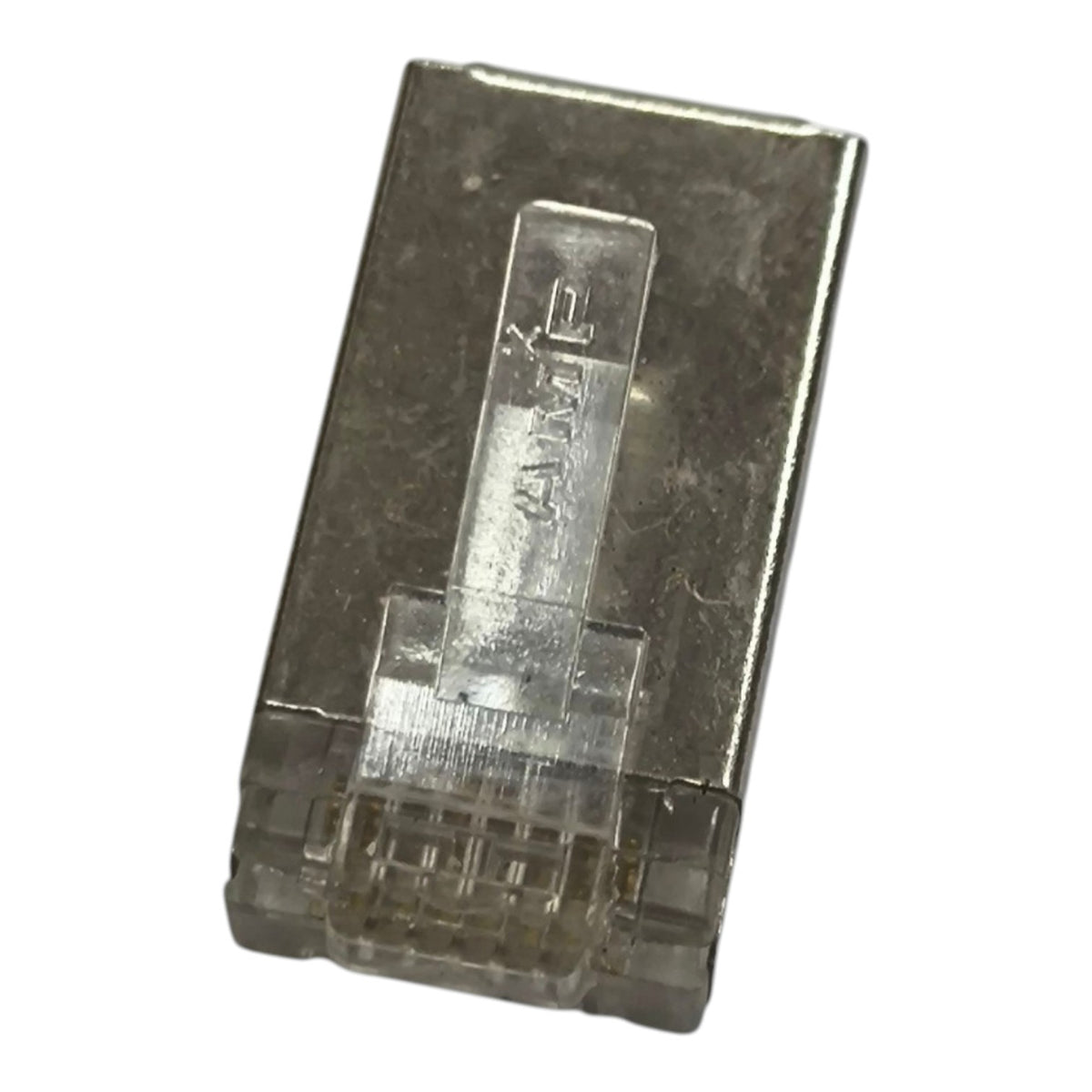 A single RJ45 Ethernet connector with a clear plastic cover and a silver metal contact face, shown on a plain white background.