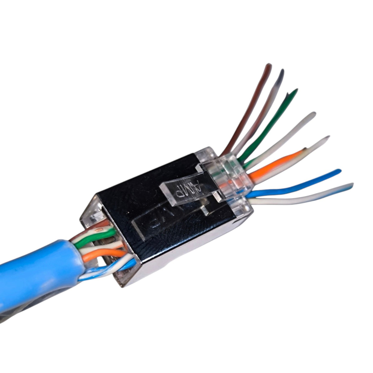 RJ45 ethernet connector with a blue cable entering and eight colored wires extending out, shown on a plain white background.