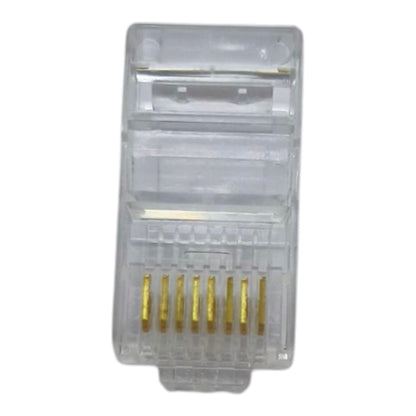 A clear RJ45 Ethernet connector with gold-plated pins visible through the transparent housing, isolated on a white background.
