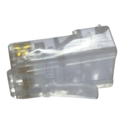 A clear plastic RJ45 Ethernet connector with gold-plated internal contacts, shown on a plain white background.