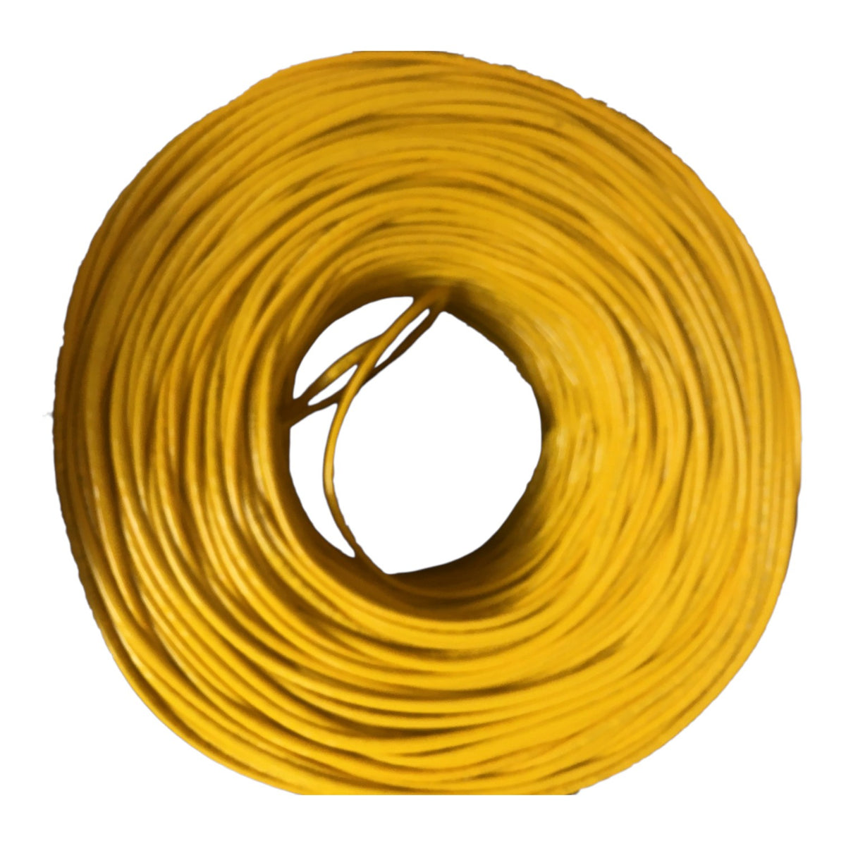 A coiled yellow cable or wire spool photographed on a plain white background.