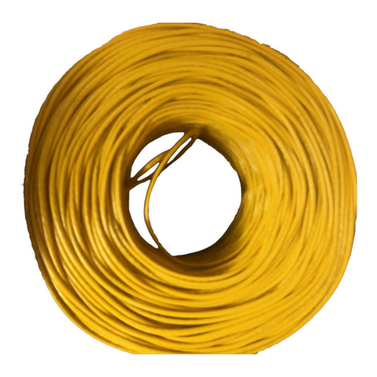 A coiled yellow cable or wire spool photographed on a plain white background.
