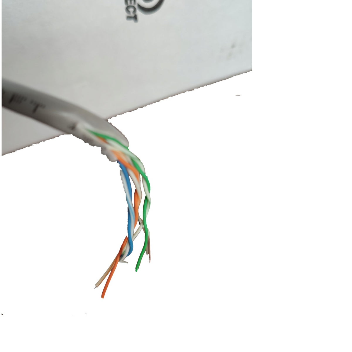 A close-up of a gray Ethernet cable with its outer sheath stripped back to show the internal twisted pairs of orange, green, blue, white, and brown wires, set against a white background.