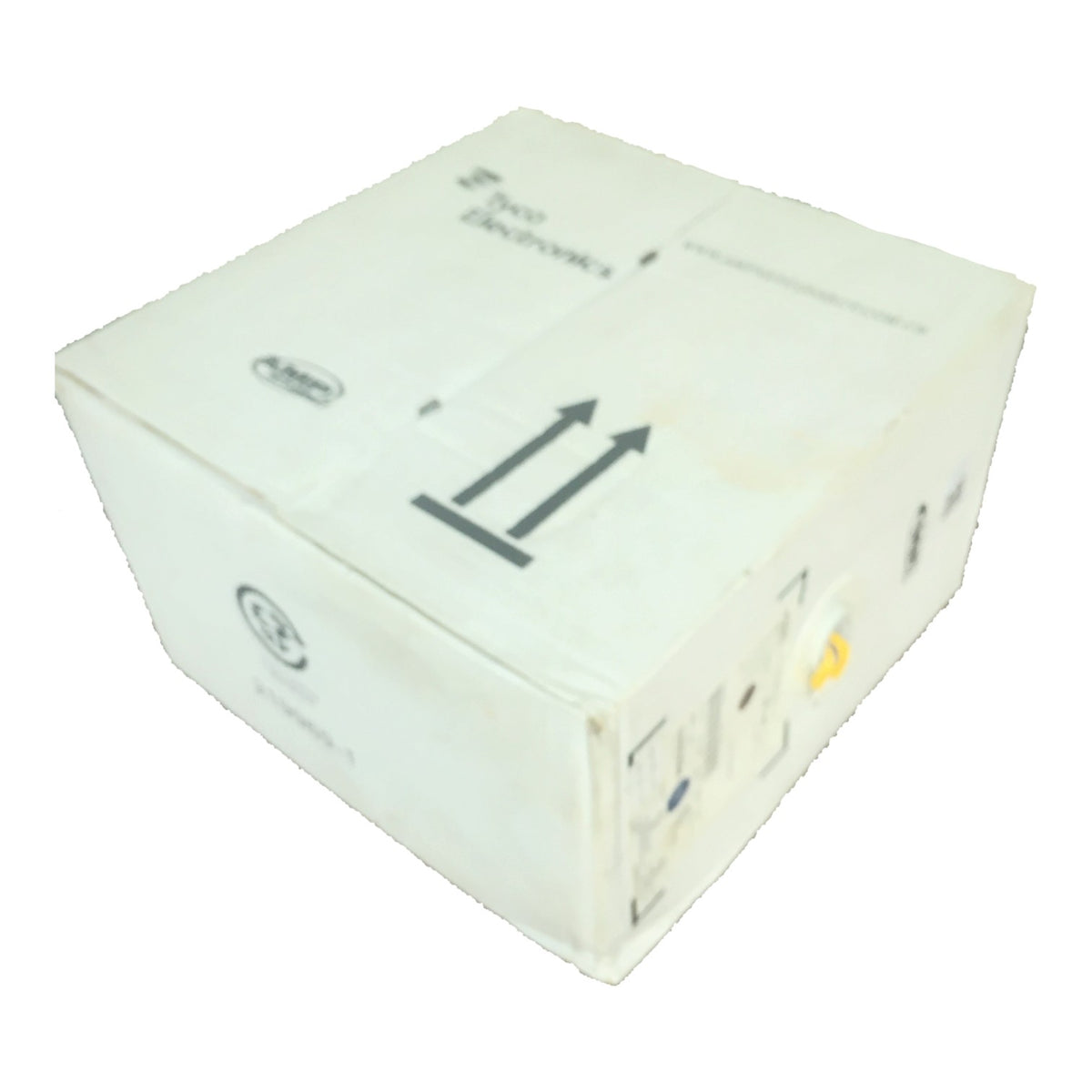 A white cardboard box with black shipping and handling markings, including double arrows and handling symbols, isolated on a white background.