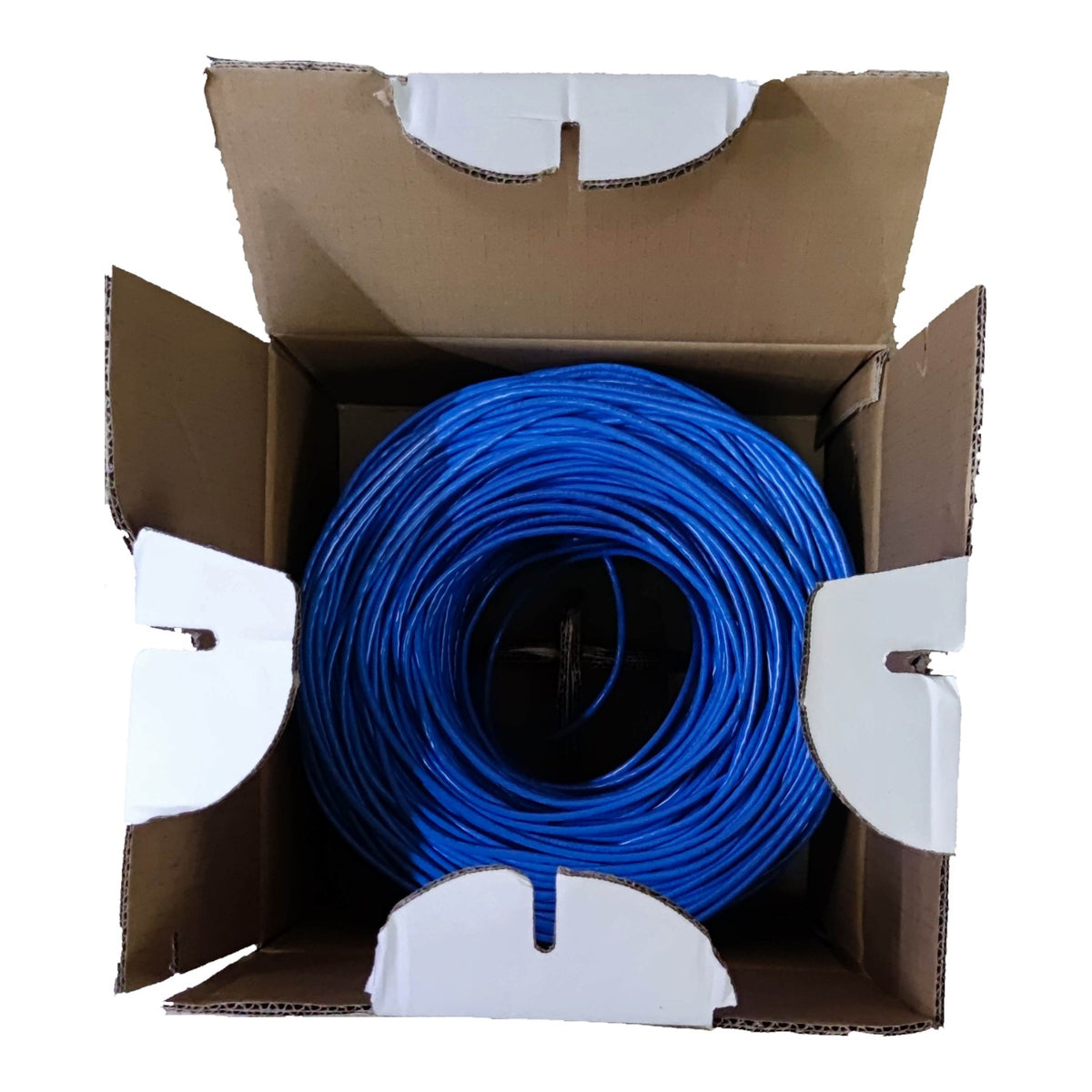 A large coil of bright blue cable or wire inside an open brown cardboard box with white protective inserts, photographed against a plain white background.