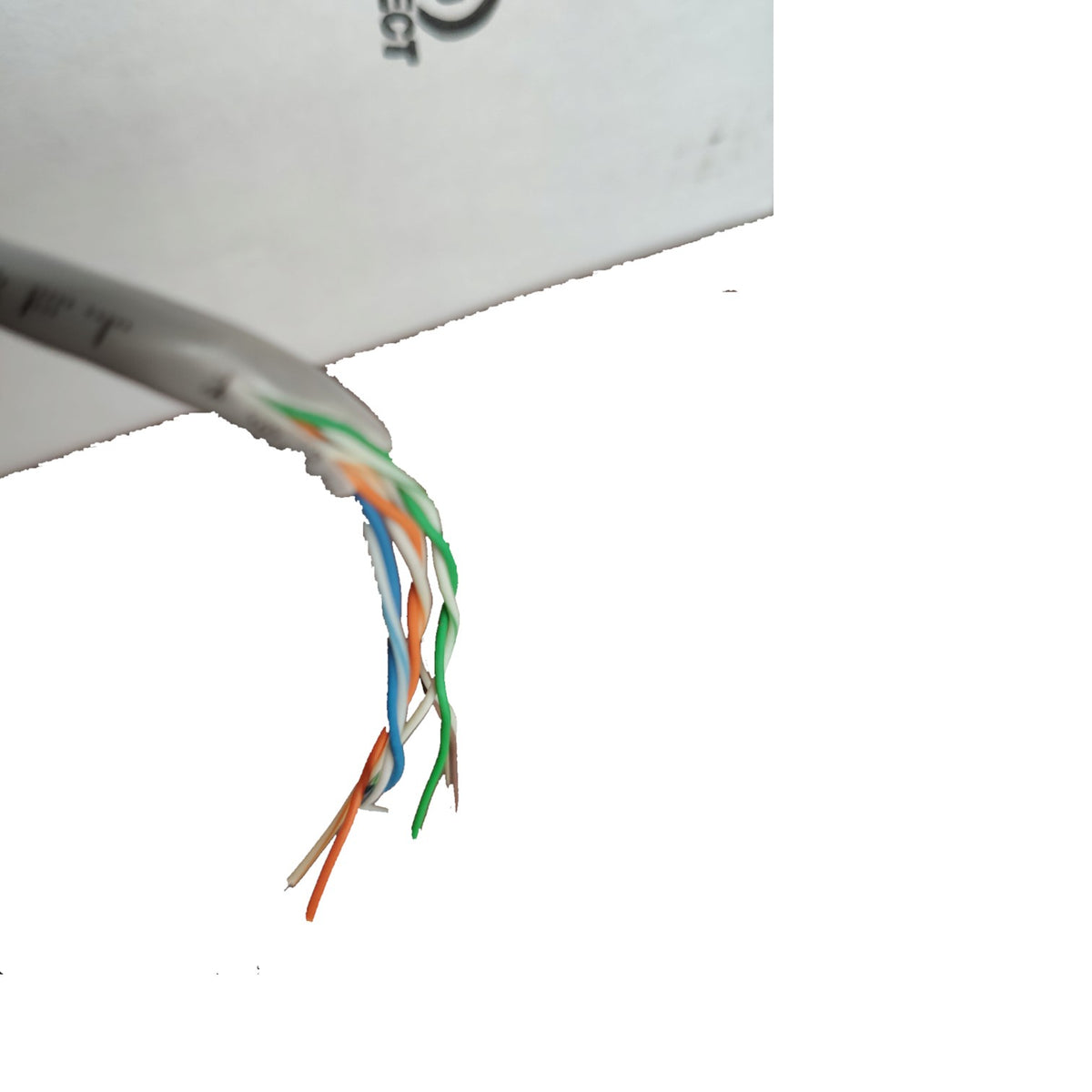 A close-up of a twisted pair Ethernet cable showing the exposed multi-colored wire strands inside the jacket, with a white background.