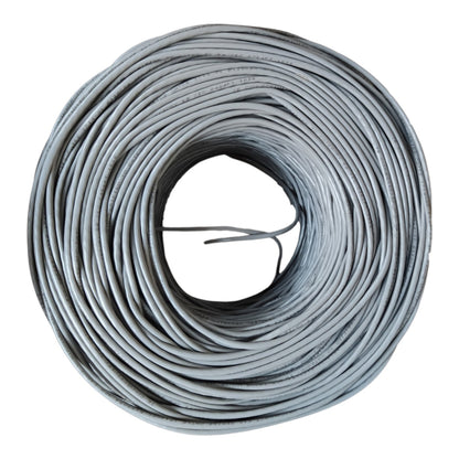 A coiled roll of gray electrical wire or cable, photographed from above on a plain white background.