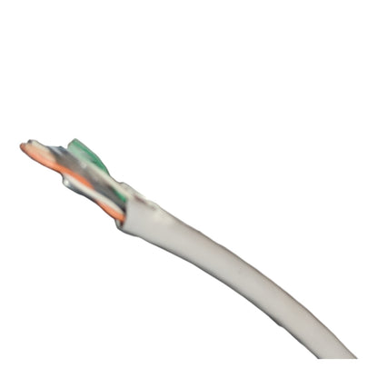 A close-up of a white Ethernet cable showing the exposed inner wires, including orange, green, white, and gray strands, on a solid white background.