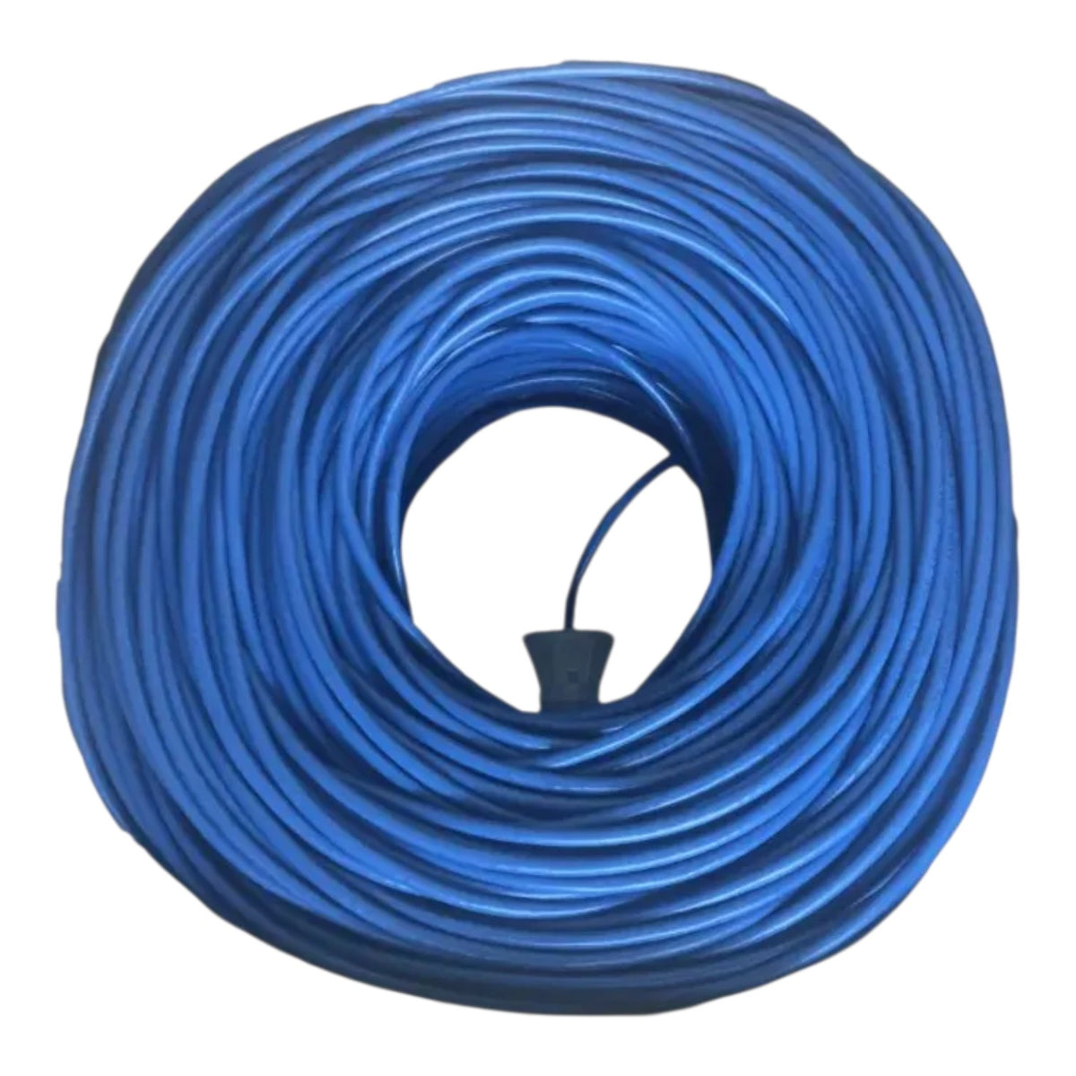 A coiled blue cable or wire with a small black connector visible in the center, isolated on a white background.