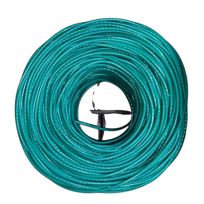 A coiled teal green garden hose or wire shown from above on a plain white background.