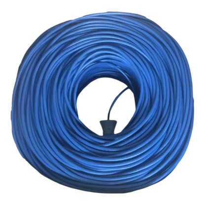 A coiled blue cable or wire with a small black connector visible in the center, isolated on a white background.