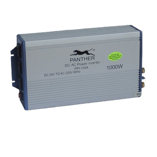 A silver and dark blue Panther brand DC-AC power inverter with a ribbed metal casing, shown on a plain white background.