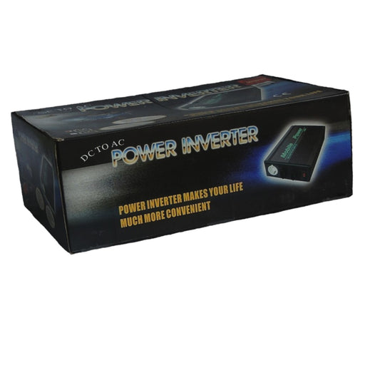 A black retail box for a DCTO AC Power Inverter, featuring gold and white text and a graphic of the device on a white background.