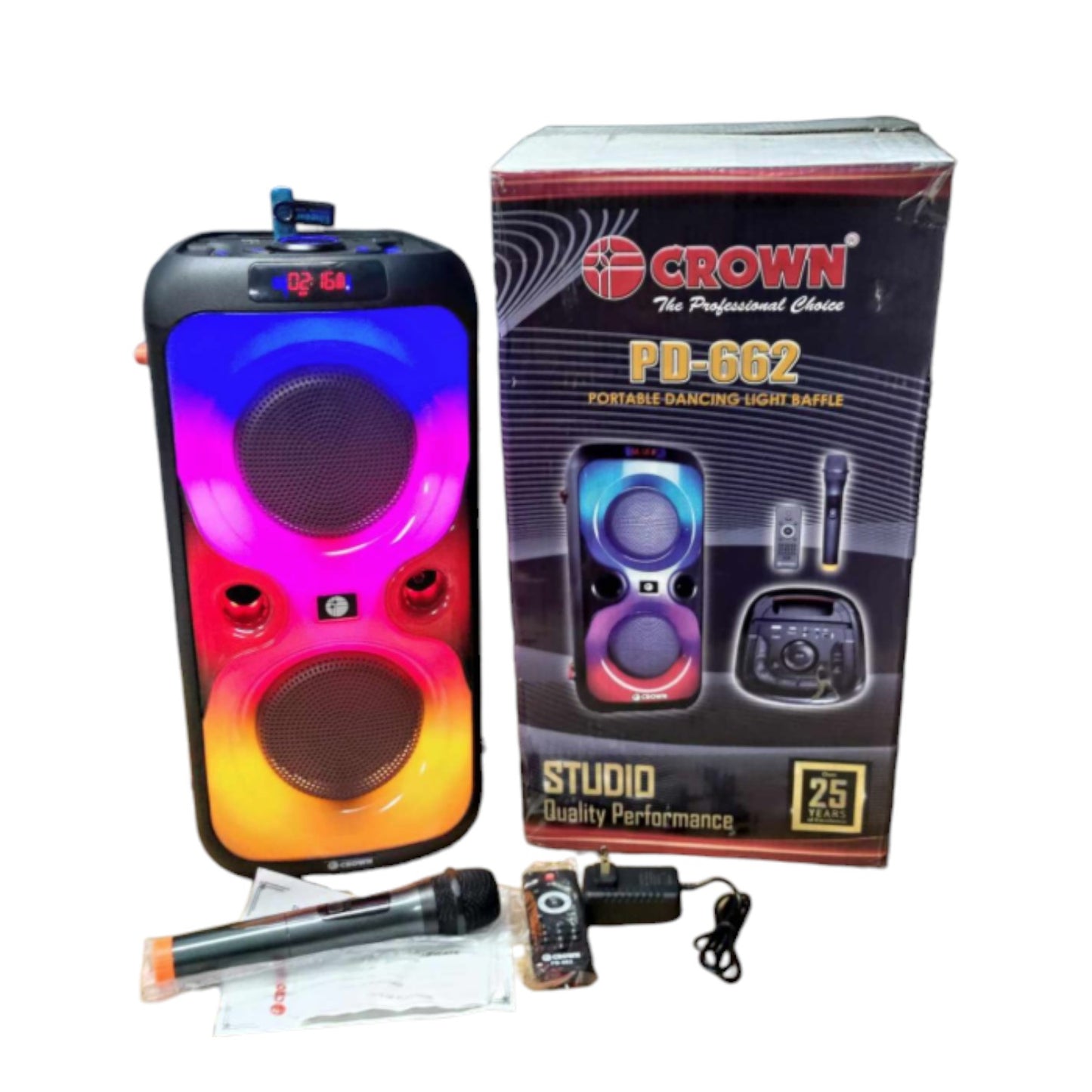 Crown 150W Portable Speaker  6 Woofer + 1.5 Tweeter w/ Remote Control  Wireless Mic, Rechargeable Battery PD-662