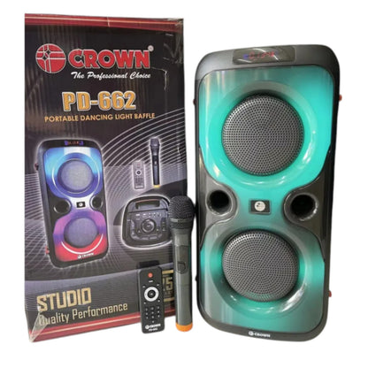 Crown 150W Portable Speaker  6 Woofer + 1.5 Tweeter w/ Remote Control  Wireless Mic, Rechargeable Battery PD-662