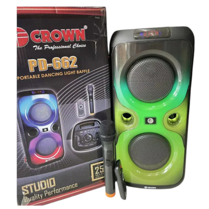 Crown 150W Portable Speaker  6 Woofer + 1.5 Tweeter w/ Remote Control  Wireless Mic, Rechargeable Battery PD-662