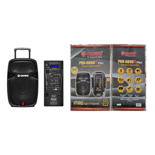 Crown 480W Portable Speaker 15 Inches 12V DC 2 Wireless Mic USB and SD Port LCD Display Guitar Port 4-8 Ohms 5 Band Equalizer Rechargeable Battery Portable Sound System with Guitar Input PRO-5008R+