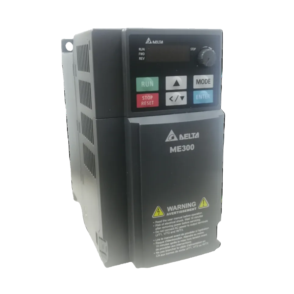 Delta ME300 VFD 3 phase 220V industrial motor controller with control panel and warning label