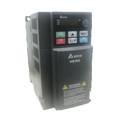 Delta ME300 VFD 3 phase 220V industrial motor controller with control panel and warning label