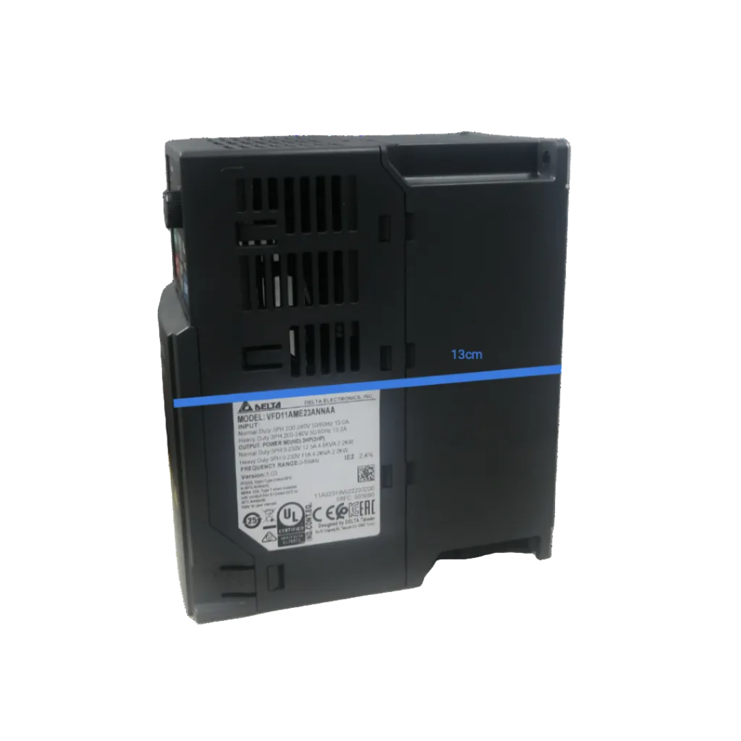 Delta VFD 3 phase 220V industrial motor controller side view with clear labeling and specifications