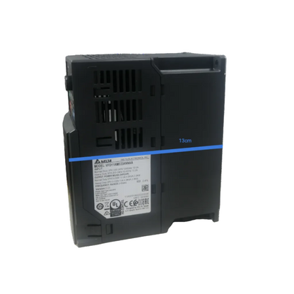 Delta VFD 3 phase 220V industrial motor controller side view with clear labeling and specifications
