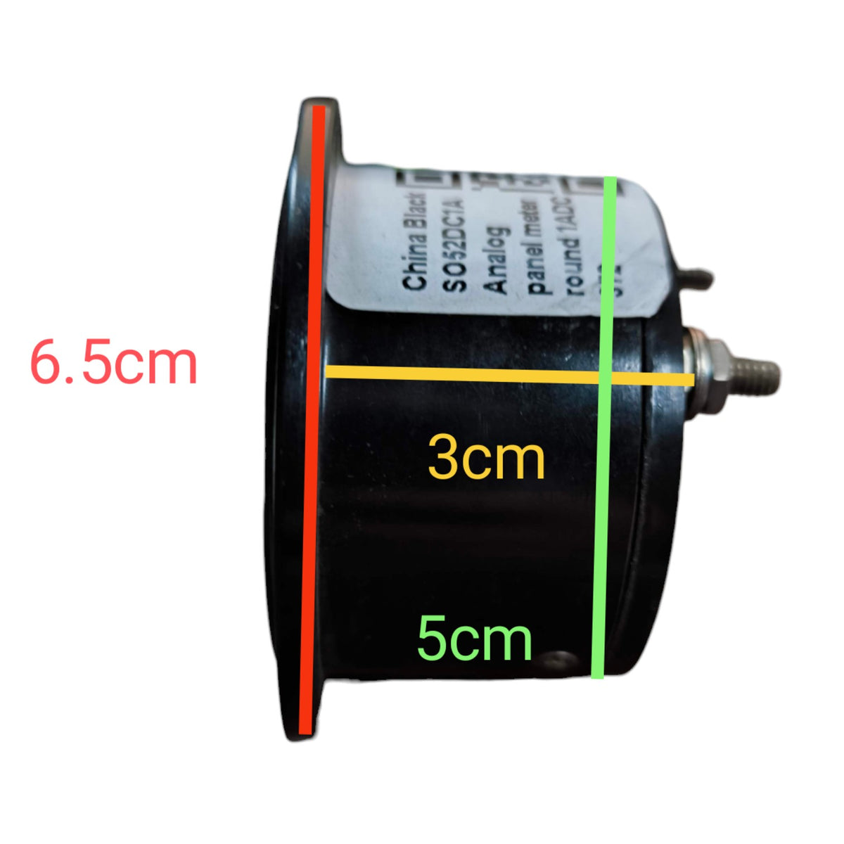 A cylindrical black electrical component with a metal terminal and a white label, shown on a white background with overlaid dimension lines and text indicating 6.5cm, 3cm, and 5cm.
