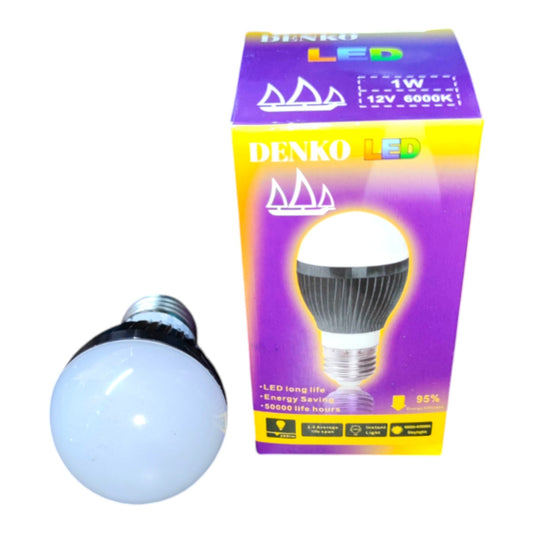 A Denko 1W LED globe light bulb shown next to its purple and yellow retail packaging box on a plain white background.